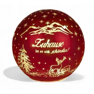 Formano LED Deko-Kugel 15cm Rot mit Spruch Zuhause ist es am Schönsten Glaskugel aus mattem Farbglas und Goldener Innenfarbe - Herbst Winter Weihnachtsdeko für Tisch Regal Fensterbank