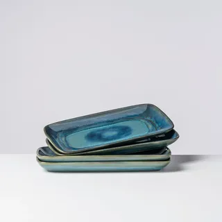 Gipfelstück Servierplatten-Set , Blau, Grün , Keramik , 4-teilig , rechteckig , 28x2.5x11.5 cm , Grüner Punkt, Made in Europe , lebensmittelecht , Geschirr, Tischkultur & Serviergeschirr, Servierplatten