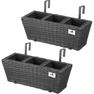 GARTENFREUDE Polyrattan Balkonkasten Blumenkasten 2 Stück inkl. Aufhängung, 47 x 17 x 15 cm, mit 3er Kunststoffeinsatz, anthrazit