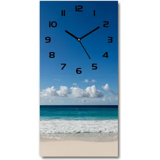 Wanduhr aus Glas – 30x60 cm - Glasbild - Glasuhr - Gehärtetes Glas -Tropischer Strand - Blau