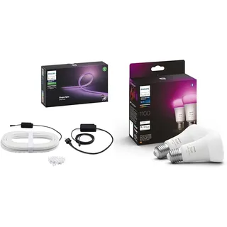 Philips Hue White & Color Ambiance Outdoor Lightstrip (5 m) & White & Color Ambiance E27 LED Lampen 2-er Pack (1100)