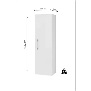 Domodomo Badezimmer Badschrank Pinia 125 x 33 cm, Badezimmer Hängeschrank Wandschrank- hoch Weiß Hochglanz Badhängeschrank mit Fronten in Hochglanz - Weiß