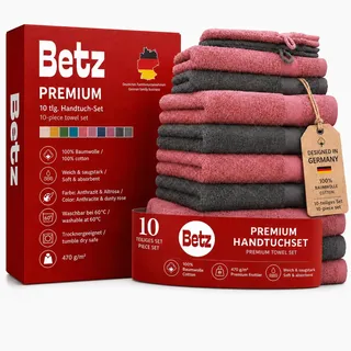 Betz Handtuchset Premium 10-teilig aus 100% Baumwolle – Premium Frottier 470 g/m2 | 2 Duschtücher 70×140 cm, 4 Handtücher 50×100 cm, 2 Gästehandtücher, 2 Waschhandschuhe | Farbe Anthrazit & Altrosa