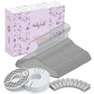 Babyrish Samt-Baby-Kleiderbügel, 10 Clips, 8 Größenmarkierungen, 30 Stück, 27,9 cm, ultraschlanke Baby-Kleiderbügel, Rutschfester Filz, platzsparender Organizer für Kinderzimmer und Schrank, Grau