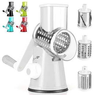 Dreamhigh® Käsereibe mit Kurbel, Gemüseschneider 3 Edelstahl Austauschbaren Trommelklingen, Manuelle Trommelreibe, Gemüsehobel, Starke Saugwirkung, Ideal für Gurken, Käse Nüsse, Karotten, Weiss