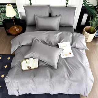 Amolavet Hotel Bettwäsche 135x200 Grau 2teilig Set aus 100% Baumwolle Mako Satin mit Damast Streifen und Reißverschluss Hotelbettwäsche für Allergiker Ganzjährig