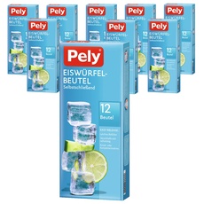Pely Eiswürfel-Beutel, für quadratische Würfel, Vorteilspack 9 Packungen je 12 Beutel, veschließt selbstständig, einzeln entnehmbar, platzsparende Zubereitung