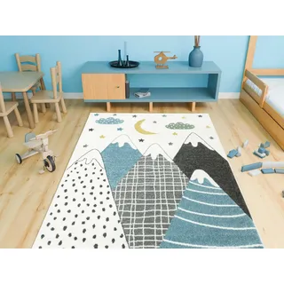 AKCILA Lima Kinderteppich mit Bergen Sternen und Wolken, Creme Türkis | Rechteckiger 120x170cm Kinderteppich, geeignet für Fußbodenheizung; Teppich mit märchenhaftem Bergmotiv für das Kinderzimmer