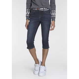 Caprijeans KANGAROOS "CAPRI-JEANS mit Gürtel", Damen, Gr. 46, N-Gr, blau (dunkelblau us), Denim/Jeans, Obermaterial: 70% Baumwolle, 26% Polyester, 3% Viskose, 1% Elasthan, Abriebeffekte, Basic, skinny fit 3/4-Länge, Jeans Caprijeans, Skinny Fit, mit Schlitz, normale Leibhöhe, Topseller