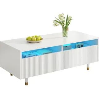 Sweiko Dieser moderne LED-Couchtisch verfügt über eine gewellte Schubladenplatte, gold-weiße Beine, zwei Schubladen und einen farbwechselnden LED-Lichtstreifen. Ein passender TV-Schrank ist ebenfalls erhältl