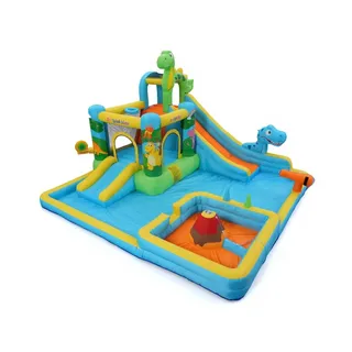 Aufblasbare Wasserrutsche Hüpfburg mit Gebläse für Kinder 3+ Jahre, Trocken-/Wasserrutsche, Dinosaurier Wasserpark mit 2 Rutschen, Planschbecken & Schwimmbecken, Basketballkorb, Wasserkanone