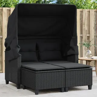 Gartensofa 2-Sitzer mit Dach und Hockern Schwarz Poly Rattan - Schwarz