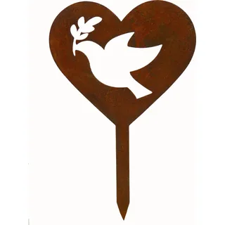 Edelrost Gartenstecker Herz mit Friedenstaube, Frieden, Gartendekoration - Bronze