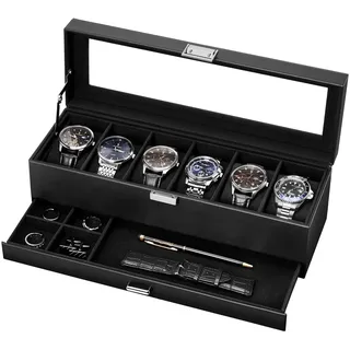 Lolalet 6 Slot Uhrenbox mit Glasdeckel Schmuckkästchen für Herren | Uhren Schmuck Box, PU Leather herausnehmbaren Uhrenkissen, leicht zu reinigen