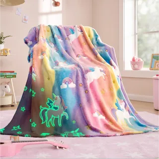 Joiedomi Decke Kuscheldecke Leuchtet im Dunkeln Einhorn Geschenke Spielzeug für Mädchen im 4 bis 12 Jahren Weiche, gemütliche Flanell Kinderdecke Geburtstagsgeschenk 50"×60"