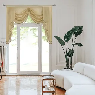 OYRING Durchsichtige Fenstervolants mit Wasserfall-Motiv, für Küche, Quasten, Girlanden, Volants für Wohnzimmer, Stangentaschenvolant, Vorhänge für Schlafzimmer, Beige, Breite: 150 cm