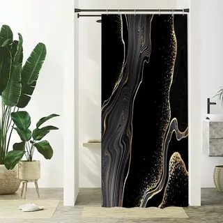 Uiiooazy Duschvorhang Schwarz Gold, Duschvorhang Schmal 90x180cm Anti Schimmel Marmor Optik Abstrakt Grau Marmoriert Modern Duschvorhänge Stoff Waschbar Wasserdicht Polyester Bad Vorhang mit 6 Haken