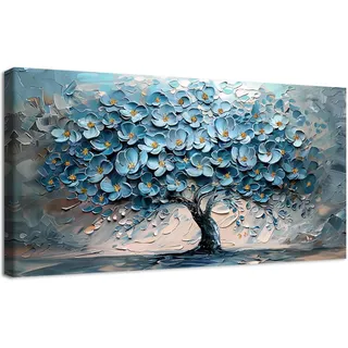 Blaue Blumen Baum Leinwand Bilder Mit Rahmen Abstrakte Gemälde Blau Grau Gold Lebensbaum Bild Wandbilder Wandkunst Leinwand Malerei Poster Foto Wohnzimmer Schlafzimmer Dekorationen 50x100cm