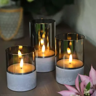 hellum LED Kerzen mit Timerfunktion grau, 3er Set in versch. Größen, LED Kerzen flackernde Flamme, mit Timerfunktion outdoor, mit Batterien 6xAA (nicht inkl.) 10/12,5/15 x8cm (HxØ) 151992