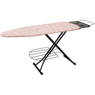 Relaxdays Bügelbrett für Dampfbügeleisen, 110 x 33 cm, höhenverstellbar, klappbar, Ablage, Bügeltisch Blumen, weiß-rosa