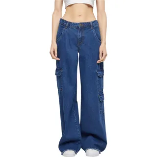 Urban Classics Damen Hose Ladies Mid Waist Cargo Denim Pants mid Indigo Washed 26