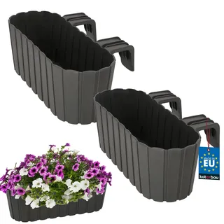 KOTARBAU® Blumenkasten für Balkon 40x15x15 cm, Balkonkasten mit Halterung | Blumenkasten für Balkongeländer, Balkon Pflanzkasten oval, Balkon Deko, Balkonkästen aus Kunststoff, Grau, 2er Set