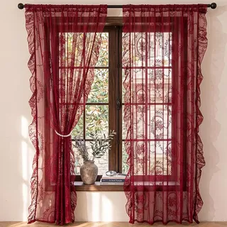 Transparent Vorhang Französische Spitze Barock Rosemuster Spitzengardinen | Gardinen Spitze Vintage Durchsichtig Spitzenvorhang Dekovorhang für Schlafzimmer Wohnzimmer 2 Stück Burgunder 140x200