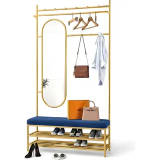 Kleiderständer mit Bank Spiegel und doppeltem Schuhregal mit goldenen Details - Blau