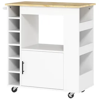 Homcom Küchenwagen mit Arbeitsplatte Ablagen, Weinregalen, Servierwagen Küchenschrank auf Rollen mit Soft-Close-Scharnieren, Griff, Kücheninsel, 83x40x83cm, Eiche Metall, Nachbildung,Kautschukholz, Rechteckig, , , 40x83x83 cm