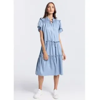 Victorio & Lucchino, V&L für Damen. 3596739 Kurzes Kleid mit blauer Schleife am Hals (S), Lässig, Viskose, Kurzarm
