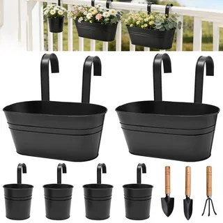 YTACREA 6er Set Blumentöpfe Hängend mit 3 Gartengeräten, Metall Blumenkasten Balkon mit Abflussloch und Abnehmbaren Haken, Rostfrei und Langlebig, Hängetöpfe für Balkon, Geländer, Zaun
