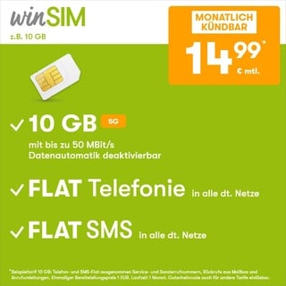 winSIM Handytarif z.B. Allnet Flat 10 GB – (Flat Internet 5G 10 GB, Flat Telefonie, Flat SMS und Flat EU-Ausland, 14,99 Euro/Monat, monatlich kündbar) oder andere Tarife