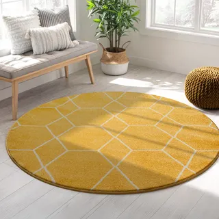 Teppich SANAT "Trellis", gelb, H:10mm Ø:150cm, Kunstfaser, Teppiche, Teppich, Kurzflor, skandi, boho, auch als Läufer und in rund