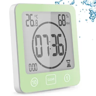YiChZhe Badezimmer Wecker Badewannentimer‌,Wasserfest Digitale Badezimmeruhr, Baduhr Duschtimer mit Hygrometer und Thermometer,LCD-Display,Countdown Timer,für Dusche, Küche,Familienalltag-Grün