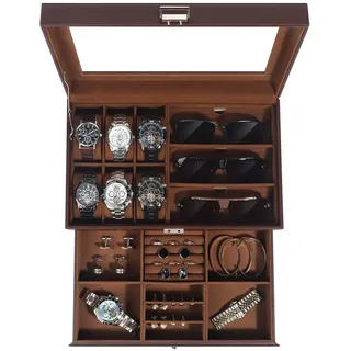Uhrenbox, Schmuckkästchen Herren mit 6 Fächern, 2 Ebenen Watch Box, Uhrenkasten mit Schublade, Uhrenetui mit Glasdeckel & Schloss, Sonnenbrillen & Uhrenaufbewahrung, PU-Leder,Geschenke Männer-Rotbraun