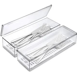 Modixun Besteck-Organizer mit Deckel und Abtropfgestell, Küchenschublade, Besteckkasten, durchsichtiger Geschirr-Utensilienhalter für Löffel, Gabeln, Messer, 2 Stück