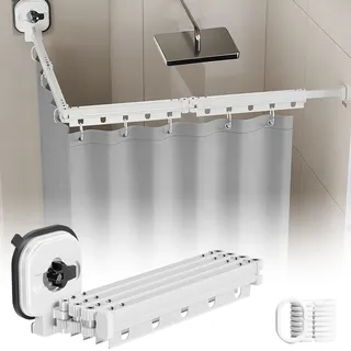 Faltbare Duschvorhangstange mit Saugnapf, Duschvorhangstange ohne Bohren, Wasserdicht Duschvorhang mit Stange, Wandmontage L/U Form Duschvorhang Stange für Ecke/Badewanne (Weiß, 4-Segment)