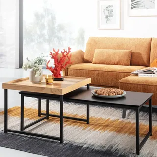 FineBuy Couchtisch 2er Set Holz / Metall Eiche Sofatisch Eckig Modern Beistelltisch 2-teilig Design Wohnzimmertische Holztisch Satztische - Schwarz