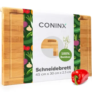 Coninx Schneidebrett Holz groß mit Saftrille - Antibakterielles Moso Bambus Holzbrett zum Schneiden von Gemüse, Obst, Käse, Fleisch & mehr - Robustes Holz Küchenbrett - Servierbrett 45x30x2.5cm