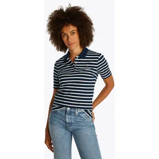 Poloshirt TOMMY HILFIGER "Regular Fit Pique Premium Polo", Damen, Gr. S (36), blau (schwarz night navy, ecru stp), Piqué, Obermaterial: 95% Baumwolle, 5% Elasthan, gestreift, regular fit hüftlang, Rundhals, abgesteppt, Shirts Poloshirt, Baumwollmischung, regular fit