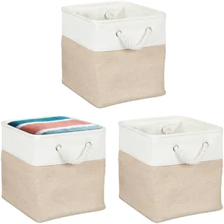 Relaxdays Aufbewahrungskorb 3er Set Leinen mit Seilgriffen 30 x 31 x 11 cm beige/weiß