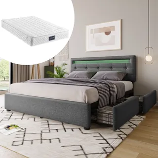 Flieks Polsterbett 140x200cm mit Matratze, Boxspringbett mit LED und 4 Schubladen, höhenverstellbarem Kopfteil Doppelbett - Grau