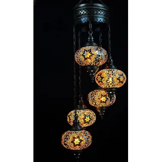 Türkische Mozaik-Hängelampe, handgefertigte marokkanische Deckenleuchte, 5 bunte Glaskugeln, 110 cm hoch, braun - Braun
