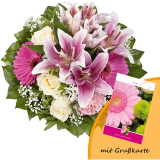 Dominik Blumen und Pflanzen, Blumenstrauß "Laura" mit rosa Lilien, Rosen und Gerbera und Grußkarte "Geburtstag"