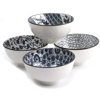 Lachineuse - Set aus 4 traditionellen japanischen Schalen - Bicolore Motive - Reisschalen 11 cm - Asiatisches Geschirr - Geschenkidee Zen-Dekoration, Blue And White