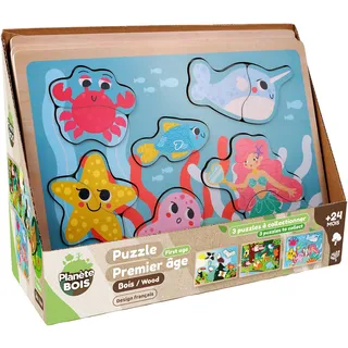 PLANÈTE BOIS 052463APA Pack mit 12 Puzzles Erde Meer Himmel-FSC-Bildungsspiel-Erste Überlegungen-052463APA-8 Teile-Mehrfarbig-Holz-Kinderspiel-30 cm x 22,5 cm-Ab 2 Jahren