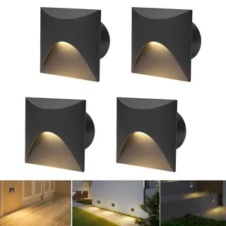 Arotelicht 4er 3W LED Treppenlicht Warmweiß 3000K Aluminium Wandleuchte 230V Eckig Einbaustrahler Treppenleuchte IP44 Wasserdicht Innen Außen Schwarz Stufenlicht, mit Unterputzdose