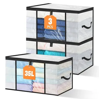Vasmeiy 3 Stück 35L Aufbewahrungstasche Transparent,Faltbare Umzugskartons | Verstärkt Griff mit Deckel Kleiderbox Umzugskartons für Klamotten, Kleider, Bettdecken, T-Shirts, Decke, Bettwäsche