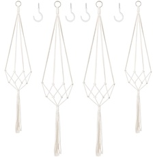 Makramee Blumenampel 4er Set,Boho Deko Baumwollseil Hängeampel Blumentopf Pflanzen Halter Aufhänger für Innen Außen Decken Balkone Wanddekoration (Beige)