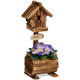 Relaxdays Deko Vogelhaus mit Blumentopf, Tannenholz, rustikales Design, HxBxT: 41 x 15 x 15 cm, Dekohäuschen, Natur